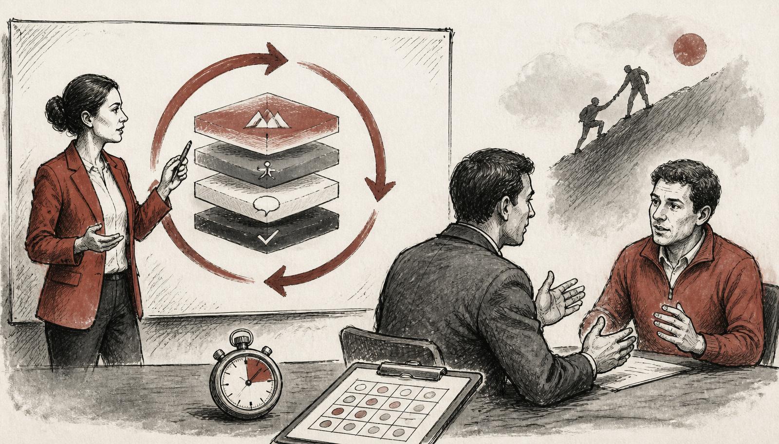 Editorial ink illustration of an enablement leader at a wall chart showing a repeating training loop, with two reps role-playing at a table beside a stopwatch and a scorecard.