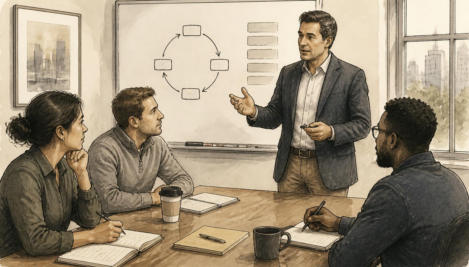Editorial ink illustration of a sales manager teaching three reps at a table, a loop diagram and a list of frameworks sketched on the whiteboard behind them.