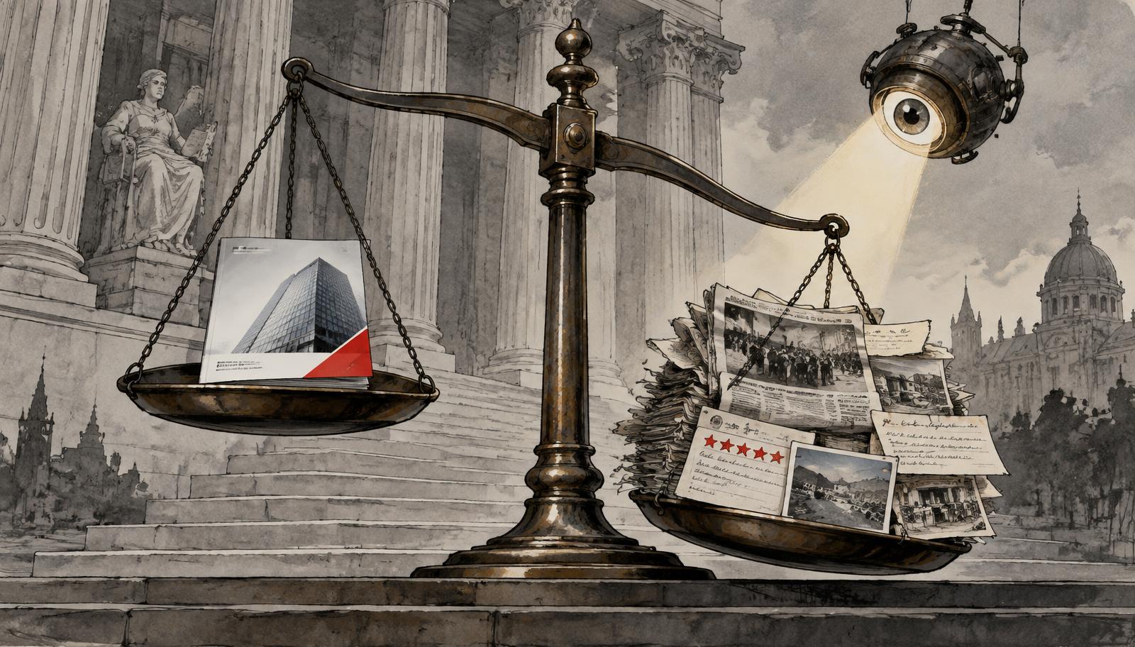 Editorial ink illustration of a courthouse scale weighing a single glossy company brochure against a heavier stack of independent newspapers, review cards and handwritten notes, with a mechanical eye lantern examining both.