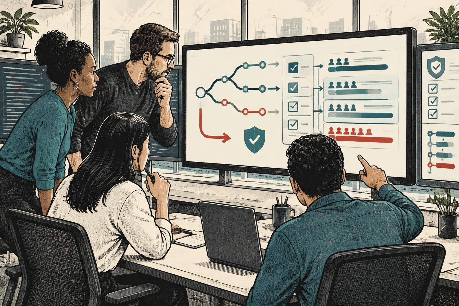 Editorial illustration of four technology professionals reviewing a staged software rollout, security controls and rollback path before approving an update.